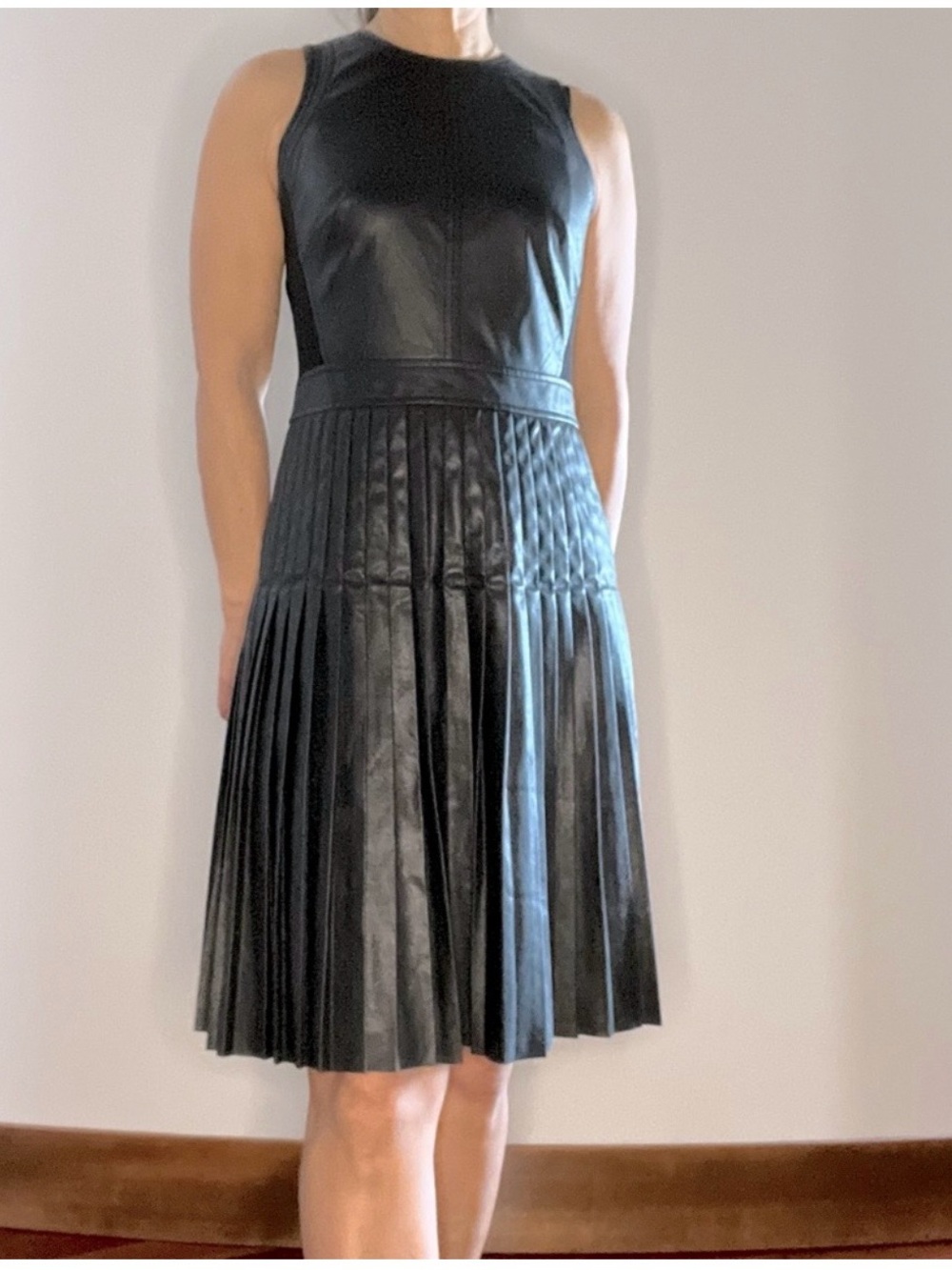 Rebecca Taylor Black Sleeveless Pleated Faux-Leather Midi Dress - Picture 7 of 7
